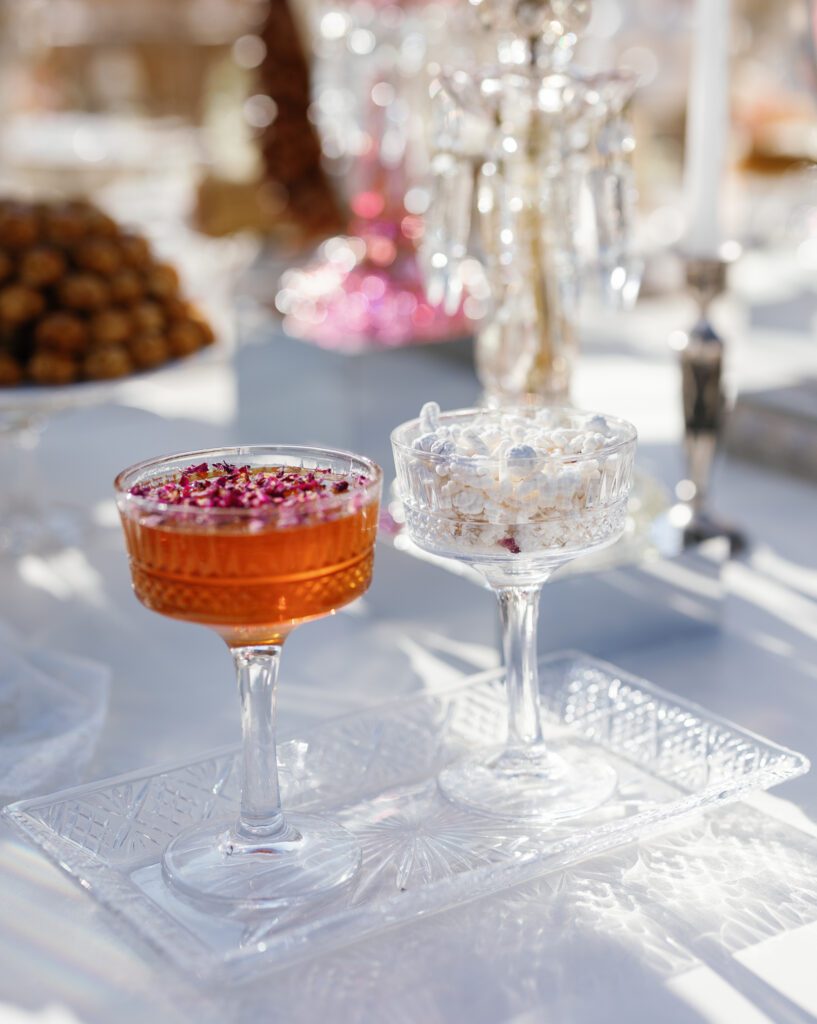 Signature wedding cocktails displayed on reception table at Jacuzzi Winery
